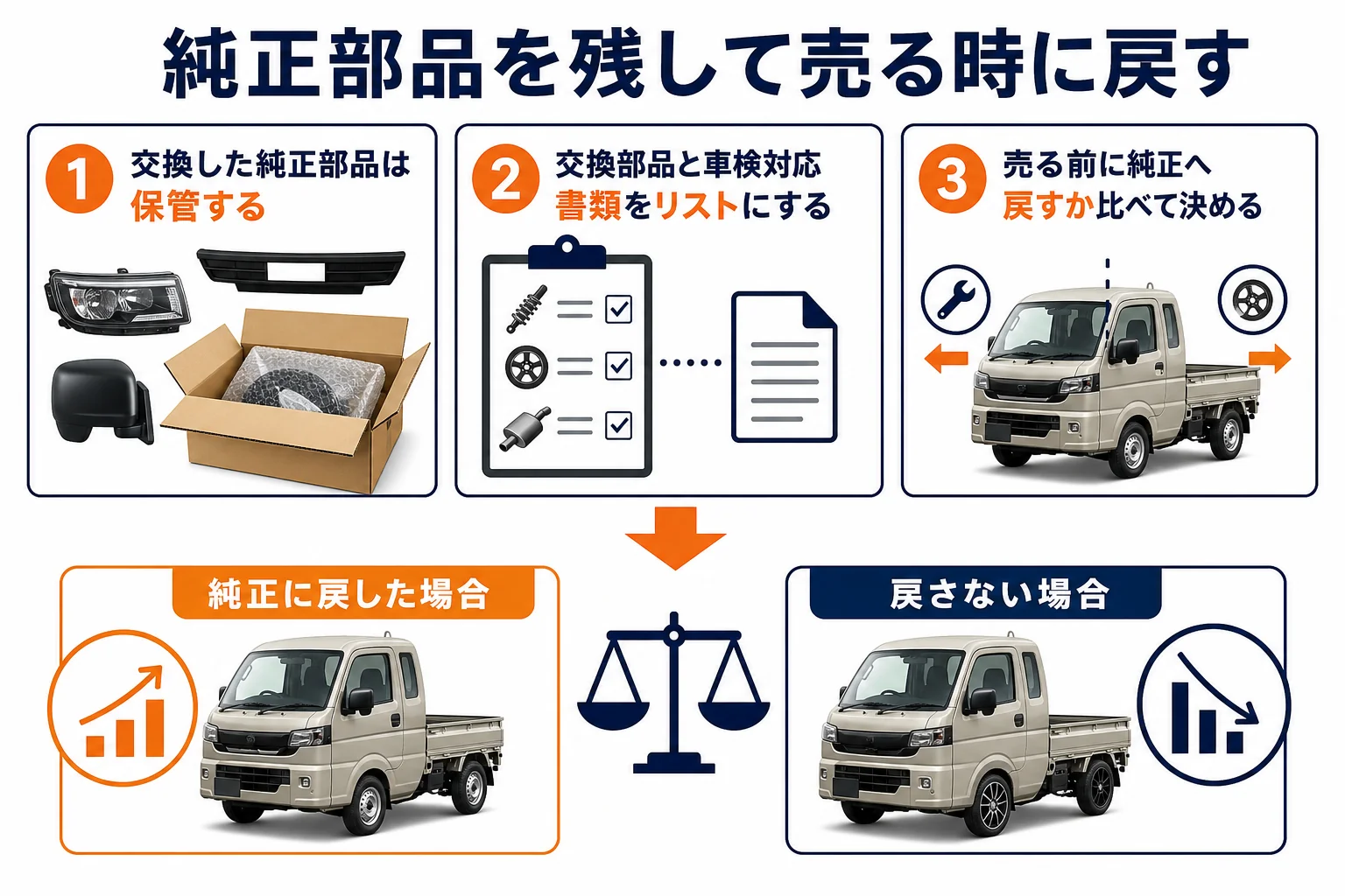 純正部品を保管して売却時に戻す流れを示した図解