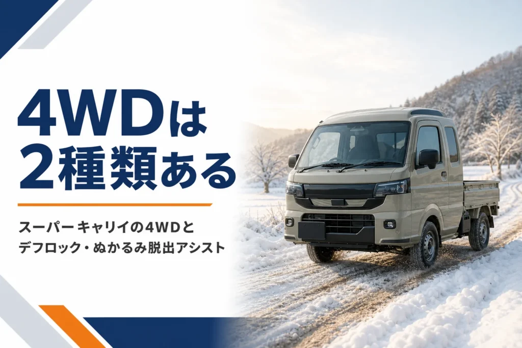 雪道を走るスーパーキャリイの4WDを解説する記事のアイキャッチ