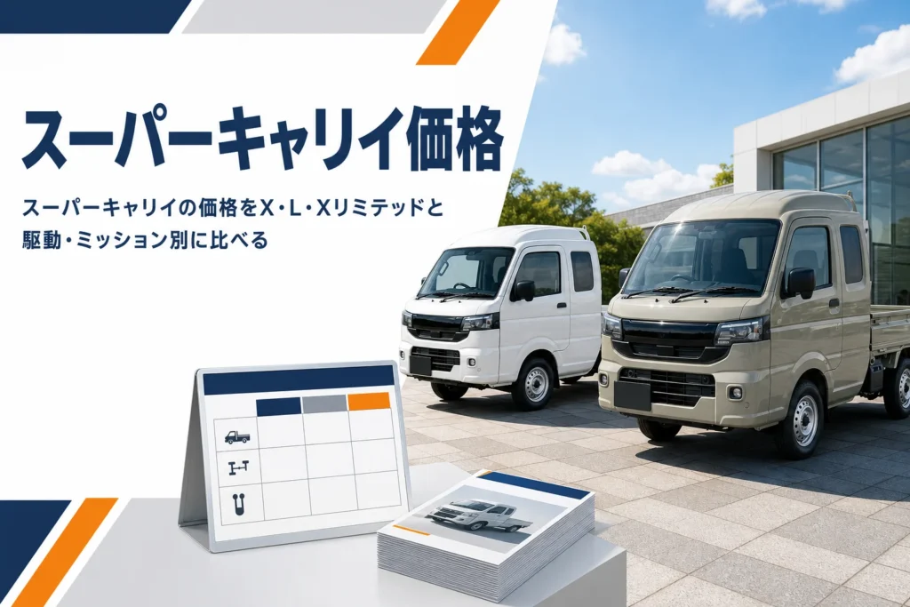 展示場に並ぶスーパーキャリイとカタログ