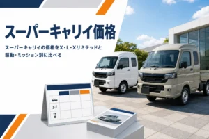 展示場に並ぶスーパーキャリイとカタログ