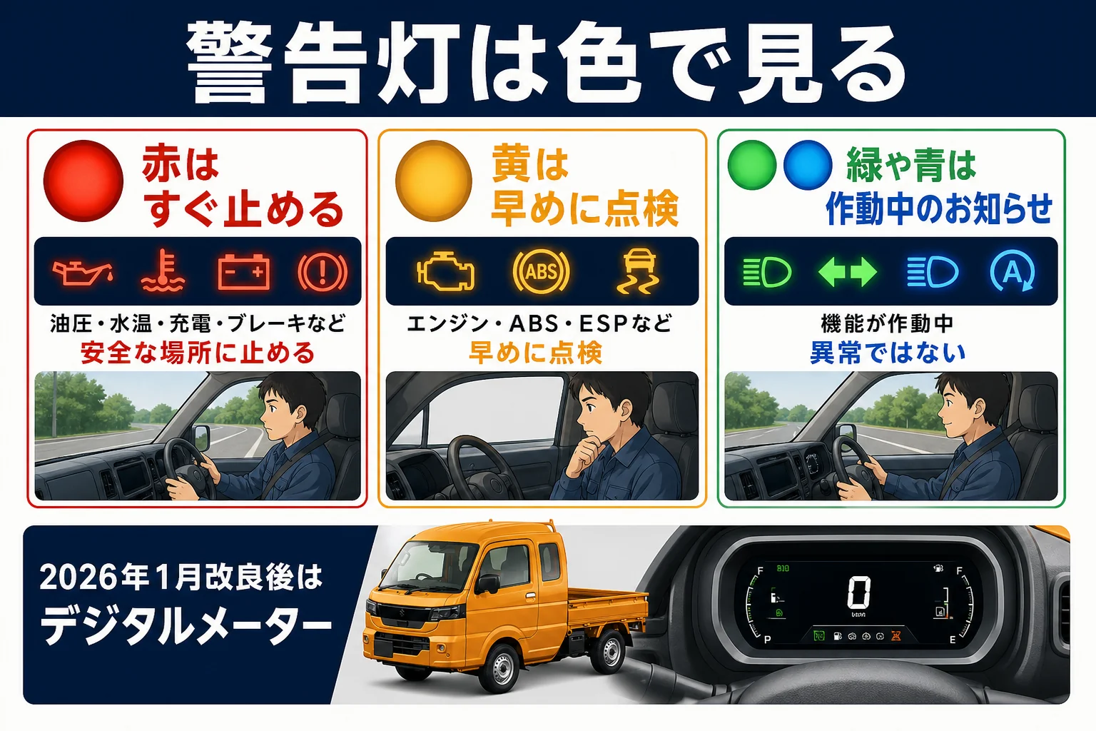 警告灯の色ごとの意味と対処をまとめた図解