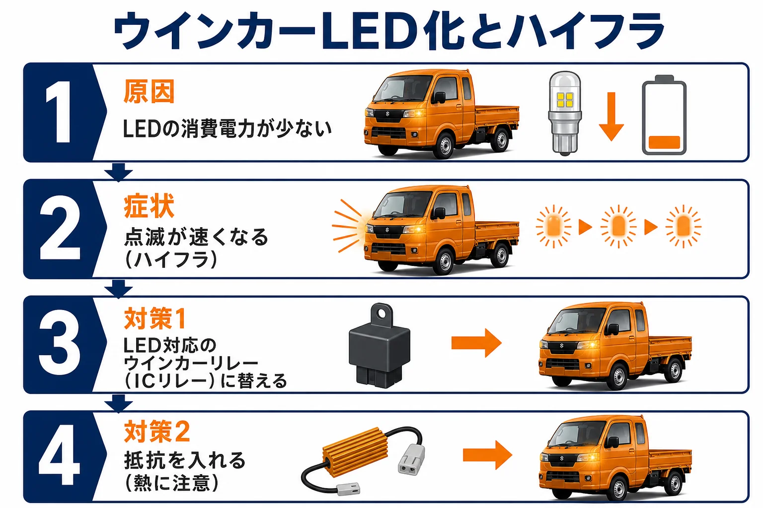 ウインカーをLED化した時のハイフラの原因と対策を示した図解