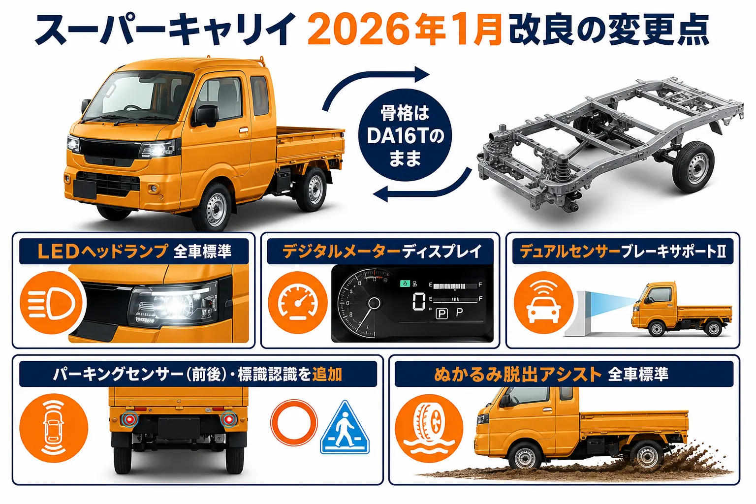 スーパーキャリイ2026年1月改良の主な変更点をまとめた図解