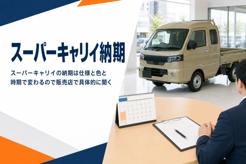 納車を待つスーパーキャリイと注文書が置かれたテーブル