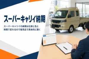 納車を待つスーパーキャリイと注文書が置かれたテーブル