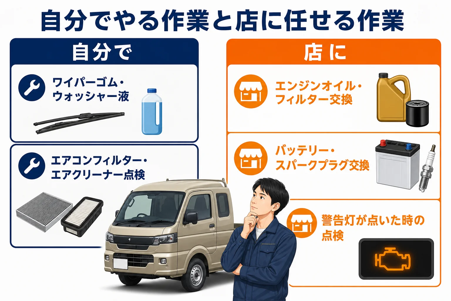 自分でできるメンテナンスと店に任せたい作業を分けた図解
