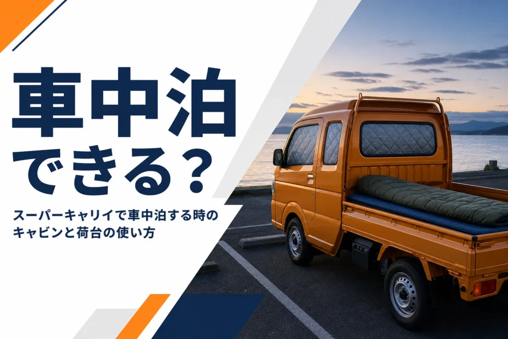 海辺の駐車場で車中泊の準備をしたスーパーキャリイ