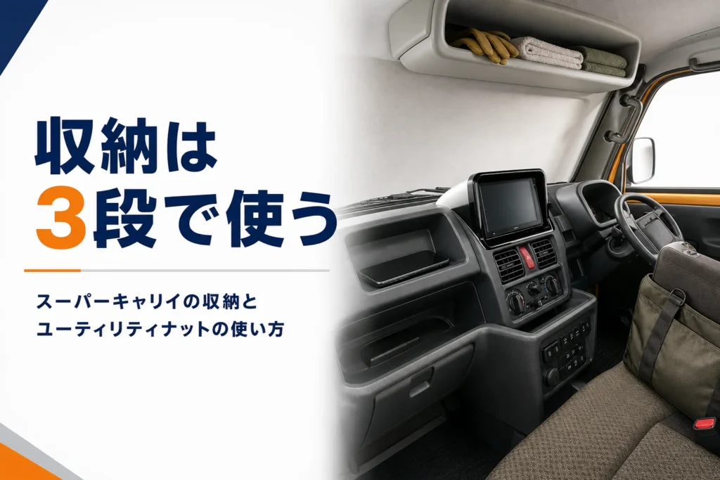 スーパーキャリイの室内収納の使い方を解説する記事のアイキャッチ