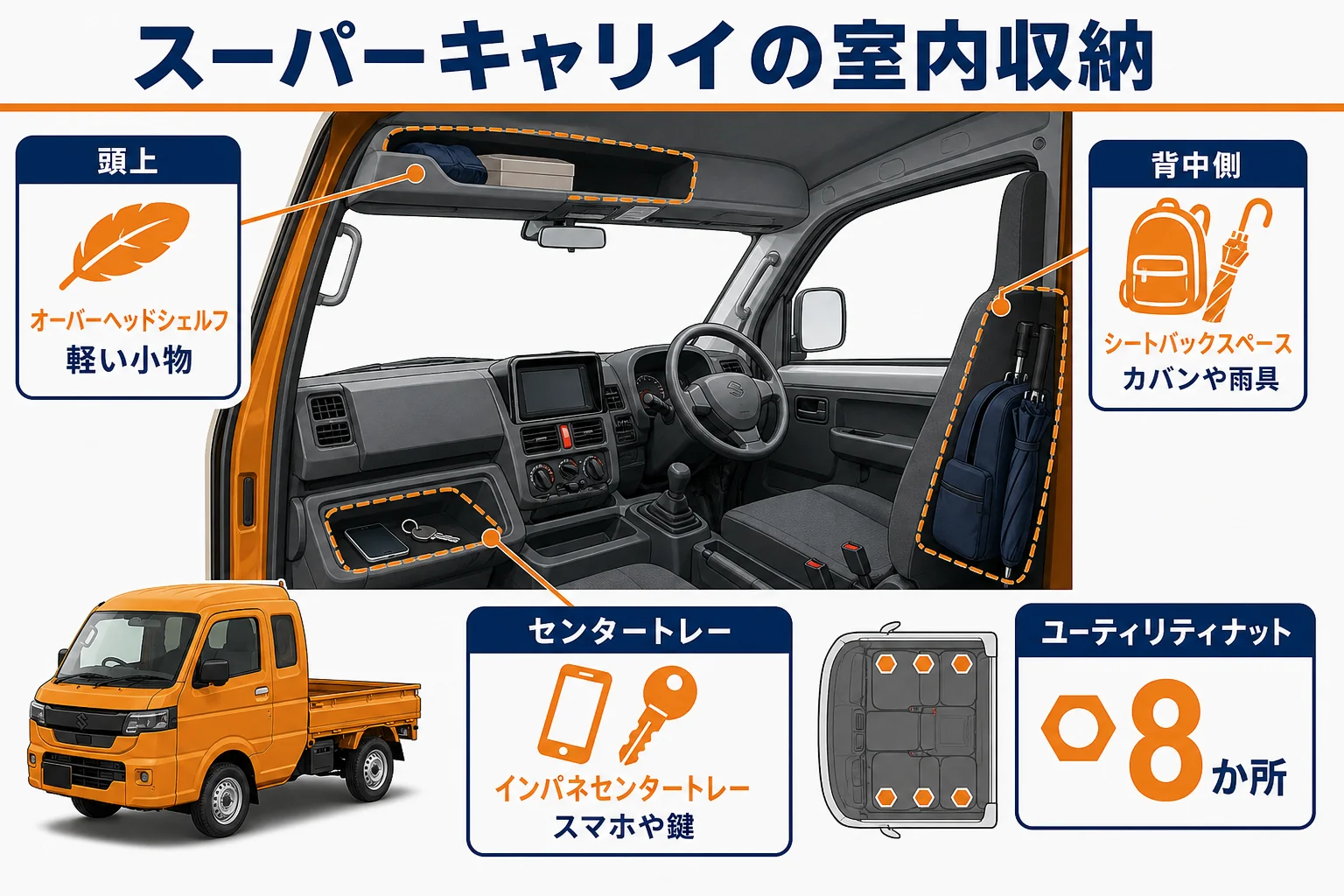 スーパーキャリイの室内収納の場所と向いている物をまとめた図解