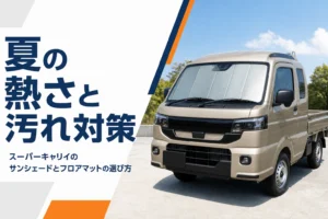 スーパーキャリイのサンシェードとフロアマットの選び方を解説する記事のアイキャッチ