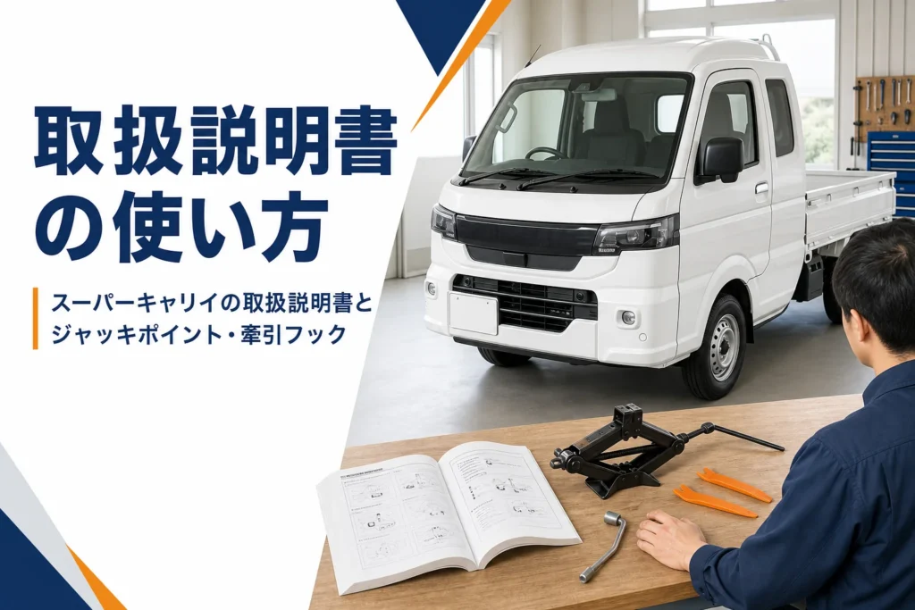 スーパーキャリイの取扱説明書とジャッキポイントを解説する記事のアイキャッチ