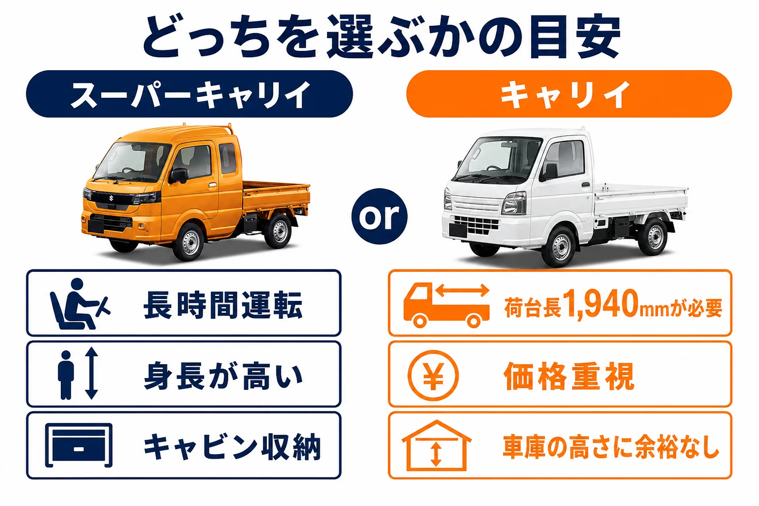 使い方別にキャリイとスーパーキャリイの選び方を示した図解
