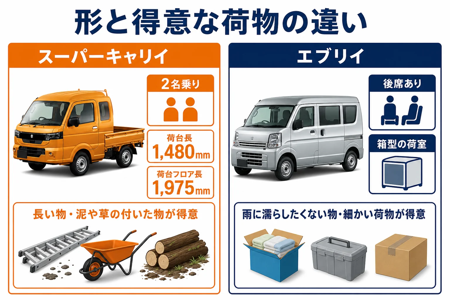 スーパーキャリイとエブリイの形と得意な荷物の違いを比べた図解